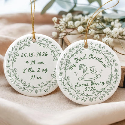 Personalized Ceramic Baby's First Christmas Ornament, Custom Name & Birth Stats
