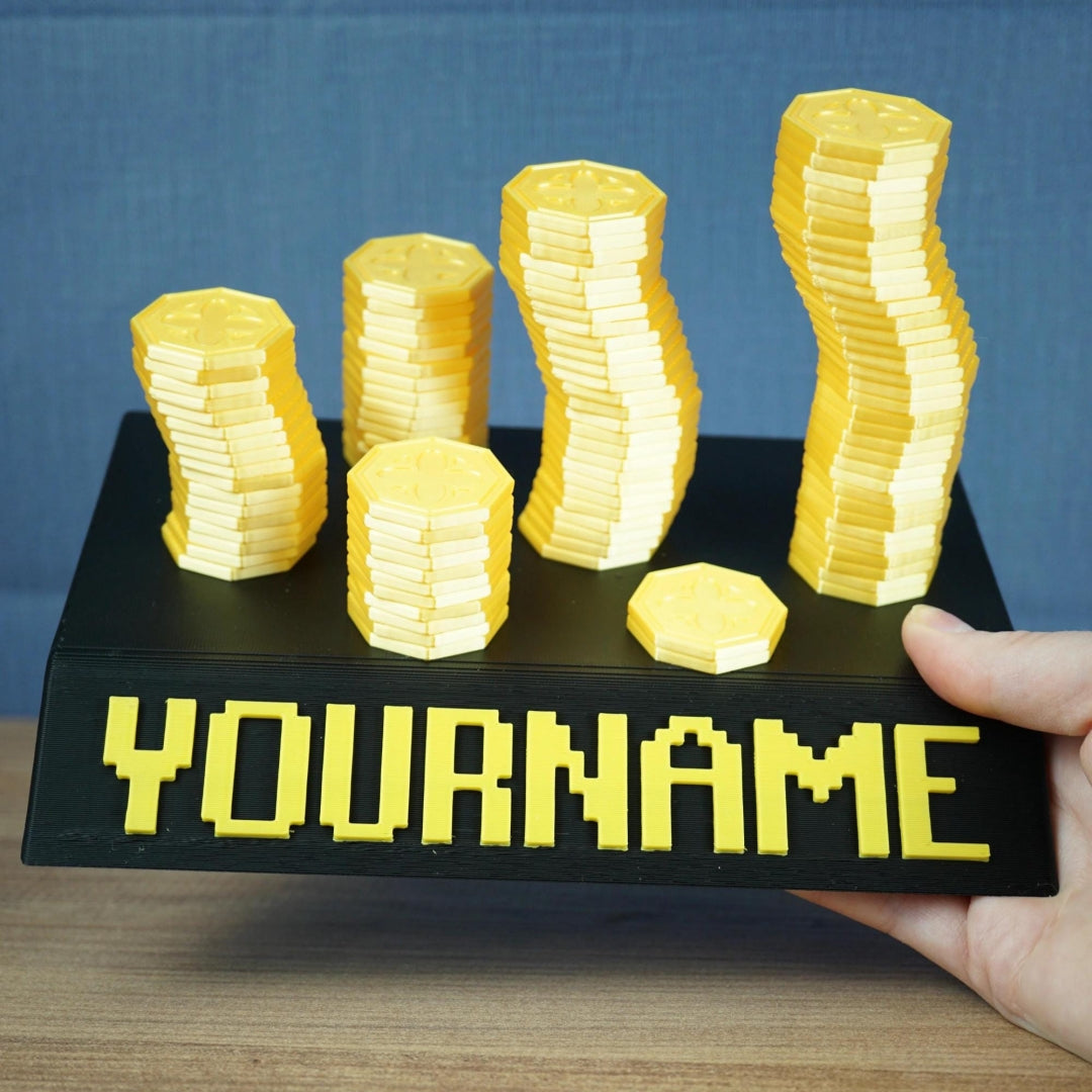 Personalized Gold Coin Stack Nameplate – 3D Gamer Desk Decor