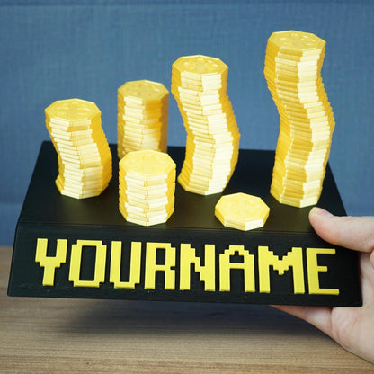 Personalized Gold Coin Stack Nameplate – 3D Gamer Desk Decor