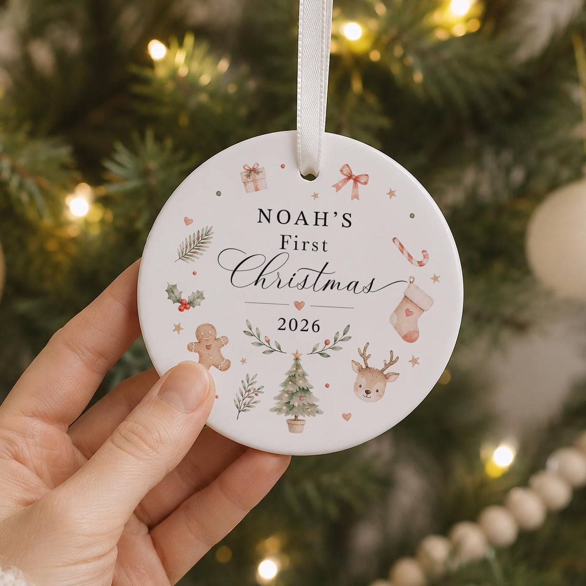 Personalized Baby's First Christmas Ceramic Ornament, Christmas Icon Custom Name & Year