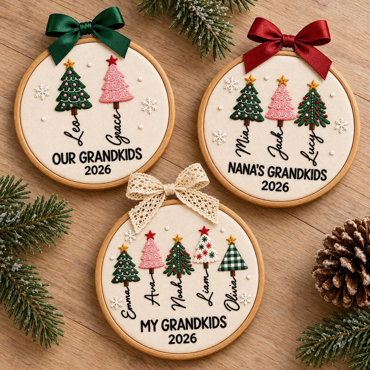 Personalized Grandkids Christmas Ornament – Embroidered Name Christmas Tree Hoop
