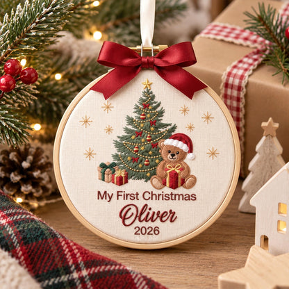 Personalized Embroidered Baby’s First Christmas Teddy Bear Ornament Name and Year