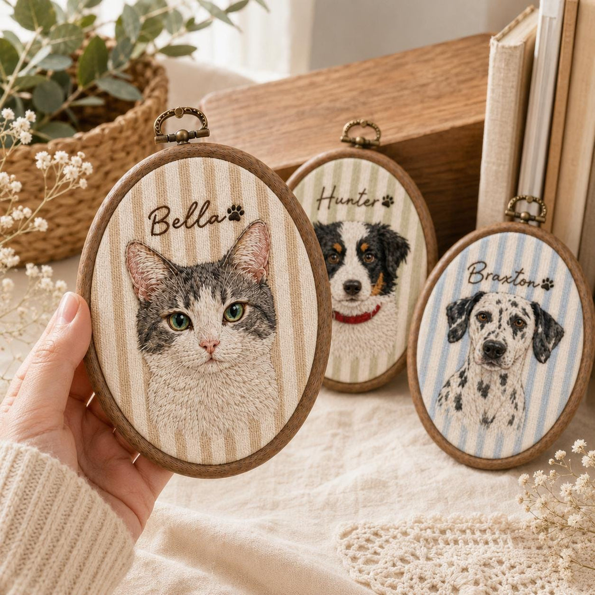 Personalized Pet Portrait Embroidery Hoop, Custom Dog & Cat Gift