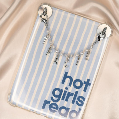 Personalized Kindle Charm, Pearl Chain with Custom Gold Letter Beads