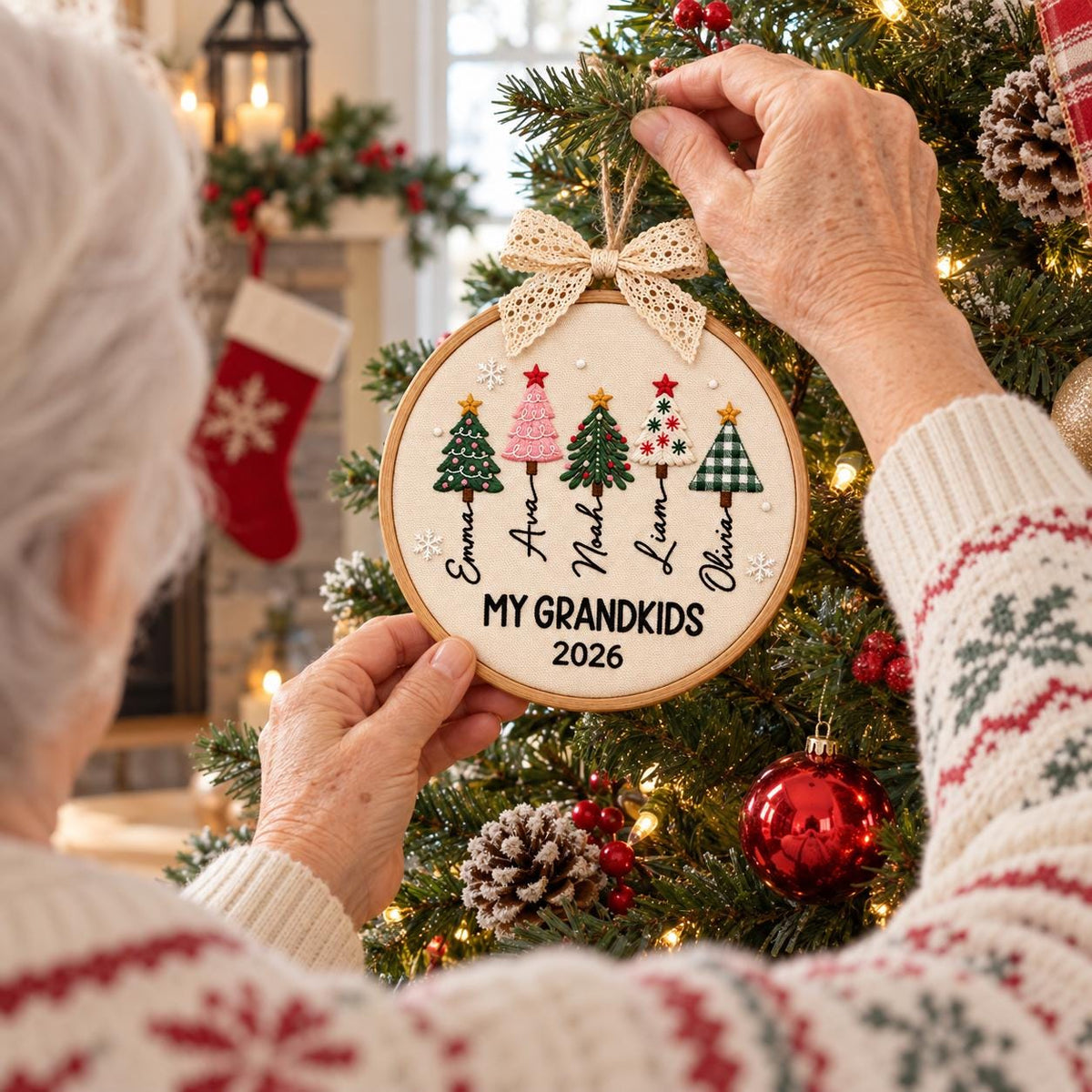 Personalized Grandkids Christmas Ornament – Embroidered Name Christmas Tree Hoop
