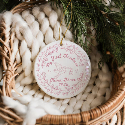 Personalized Ceramic Baby's First Christmas Ornament, Custom Name & Birth Stats