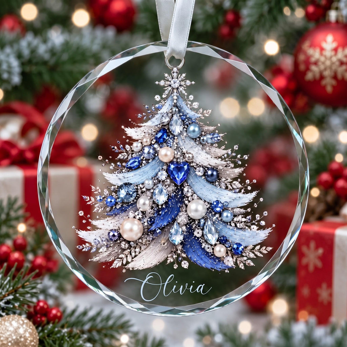 Personalized Jeweled Christmas Tree Glass Ornament
