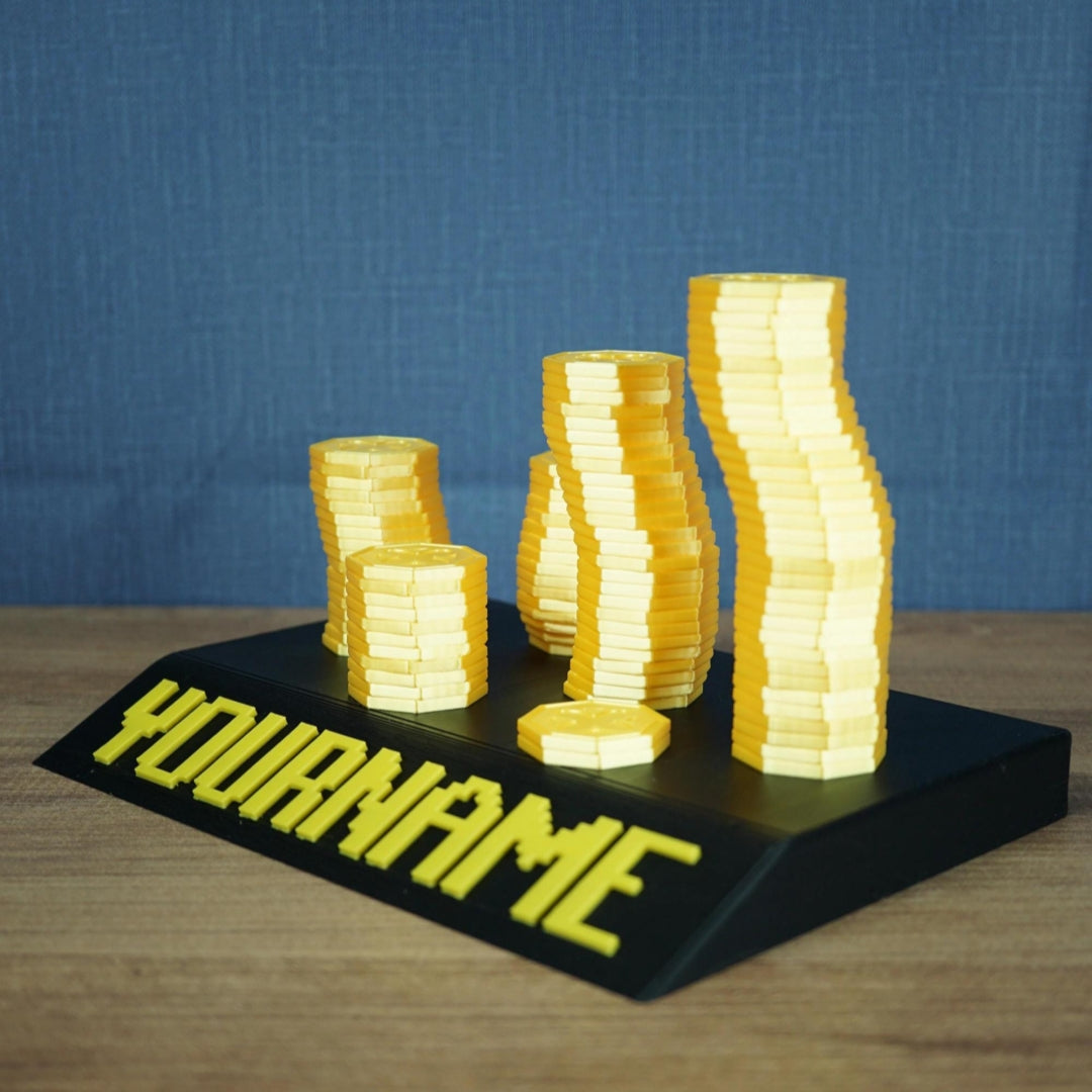 Personalized Gold Coin Stack Nameplate – 3D Gamer Desk Decor