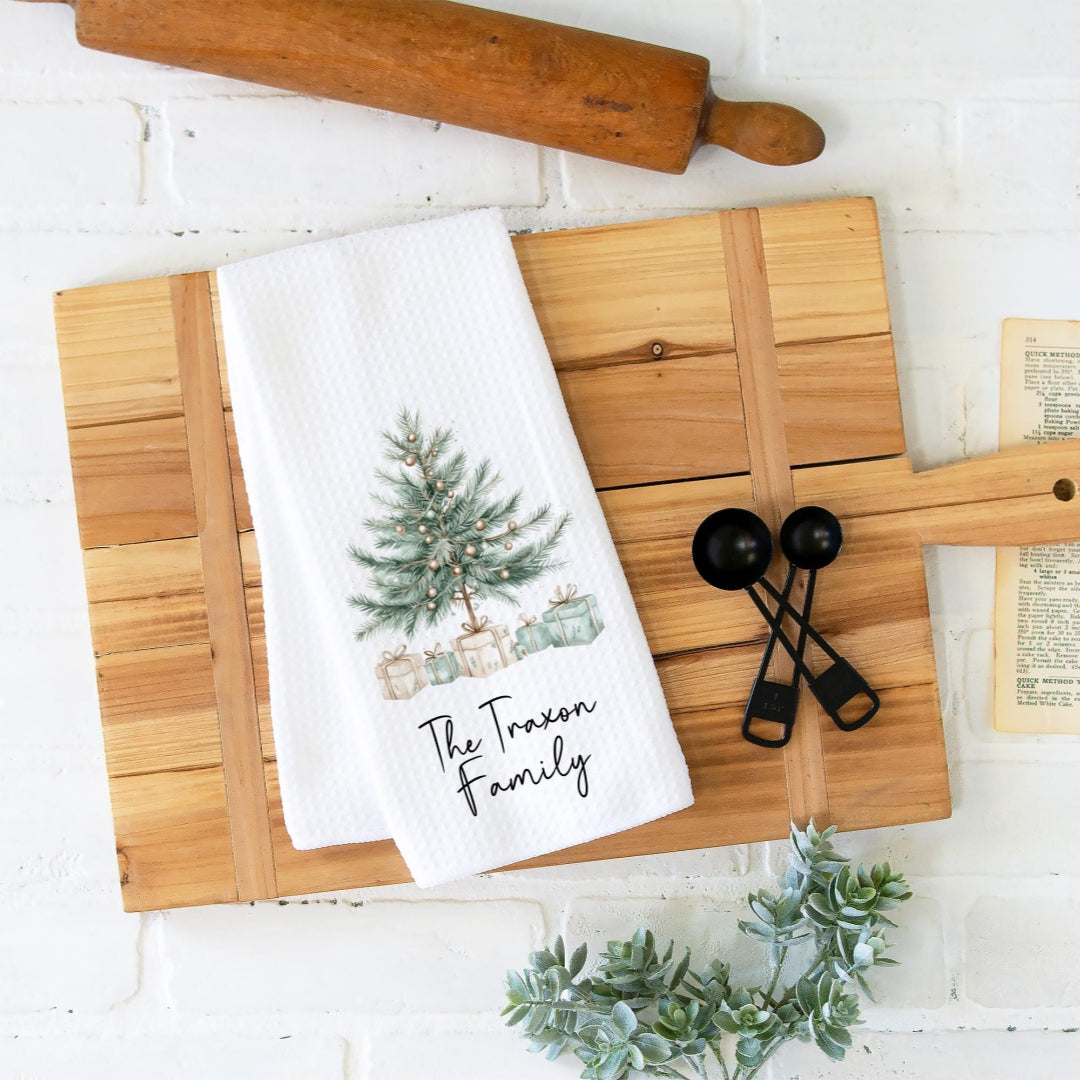 Personalized Christmas Tree Kitchen Towel, Custom Family Name Holiday Tea Towel