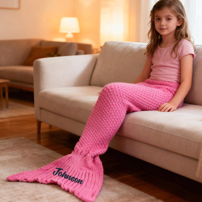 Personalized Mermaid Tail Knit Blanket, Custom Name Embroidery Crochet Blanket