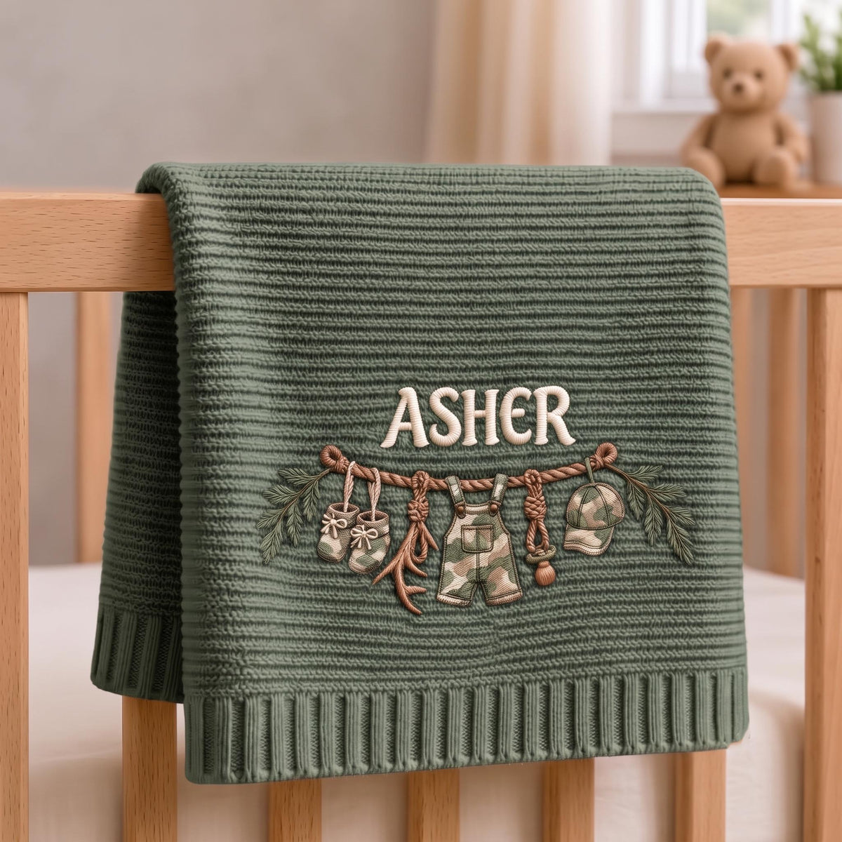 Personalized Baby Knit Blanket, Camo Outfit Embroidery, Custom Name Gift