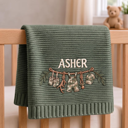 Personalized Baby Knit Blanket, Camo Outfit Embroidery, Custom Name Gift