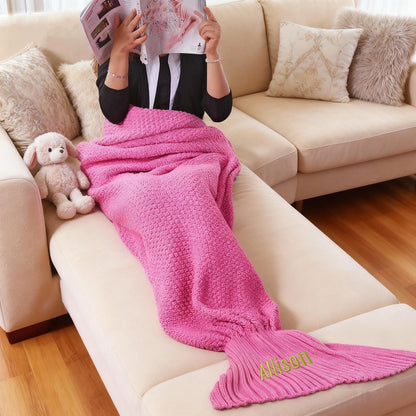 Personalized Mermaid Tail Knit Blanket, Custom Name Embroidery Crochet Blanket