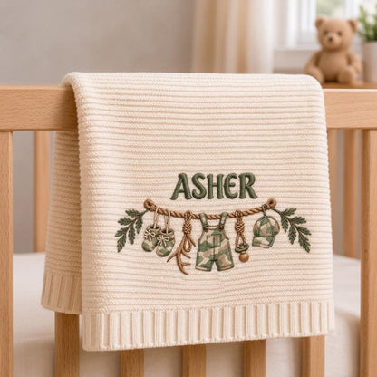 Personalized Baby Knit Blanket, Camo Outfit Embroidery, Custom Name Gift