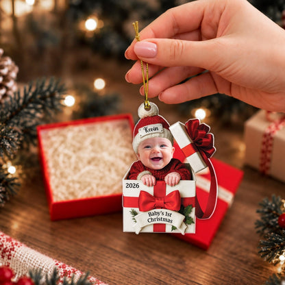 Personalized Baby's First Christmas Photo Acrylic Ornament Baby in Gift Box