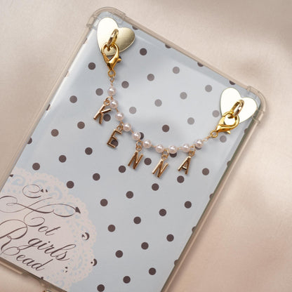 Personalized Kindle Charm, Pearl Chain with Custom Gold Letter Beads