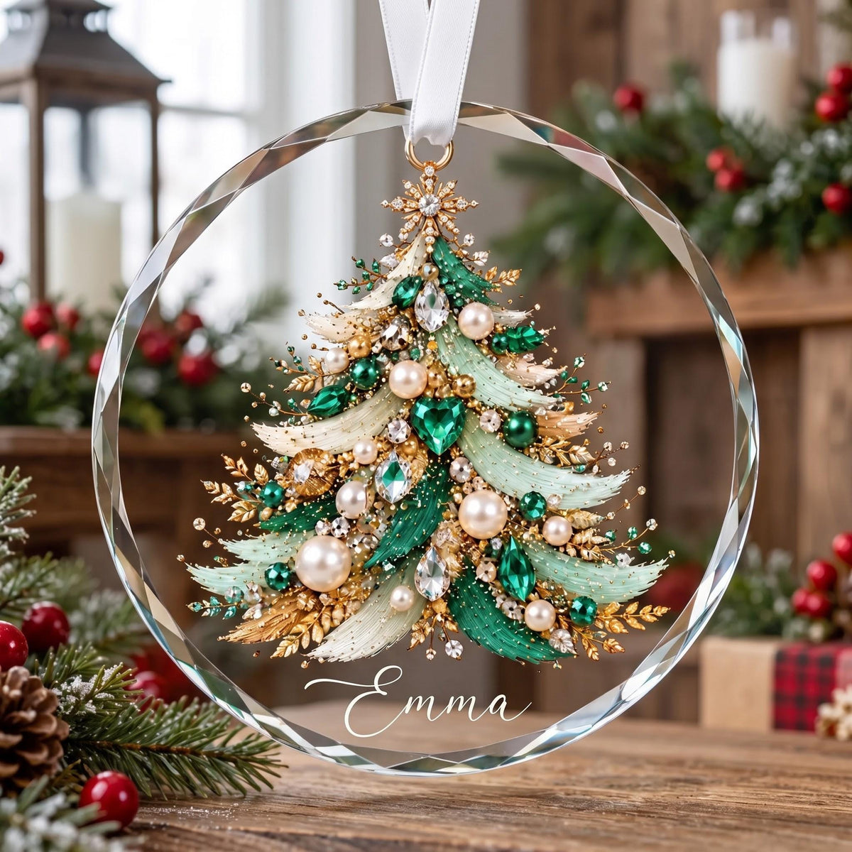 Personalized Jeweled Christmas Tree Glass Ornament