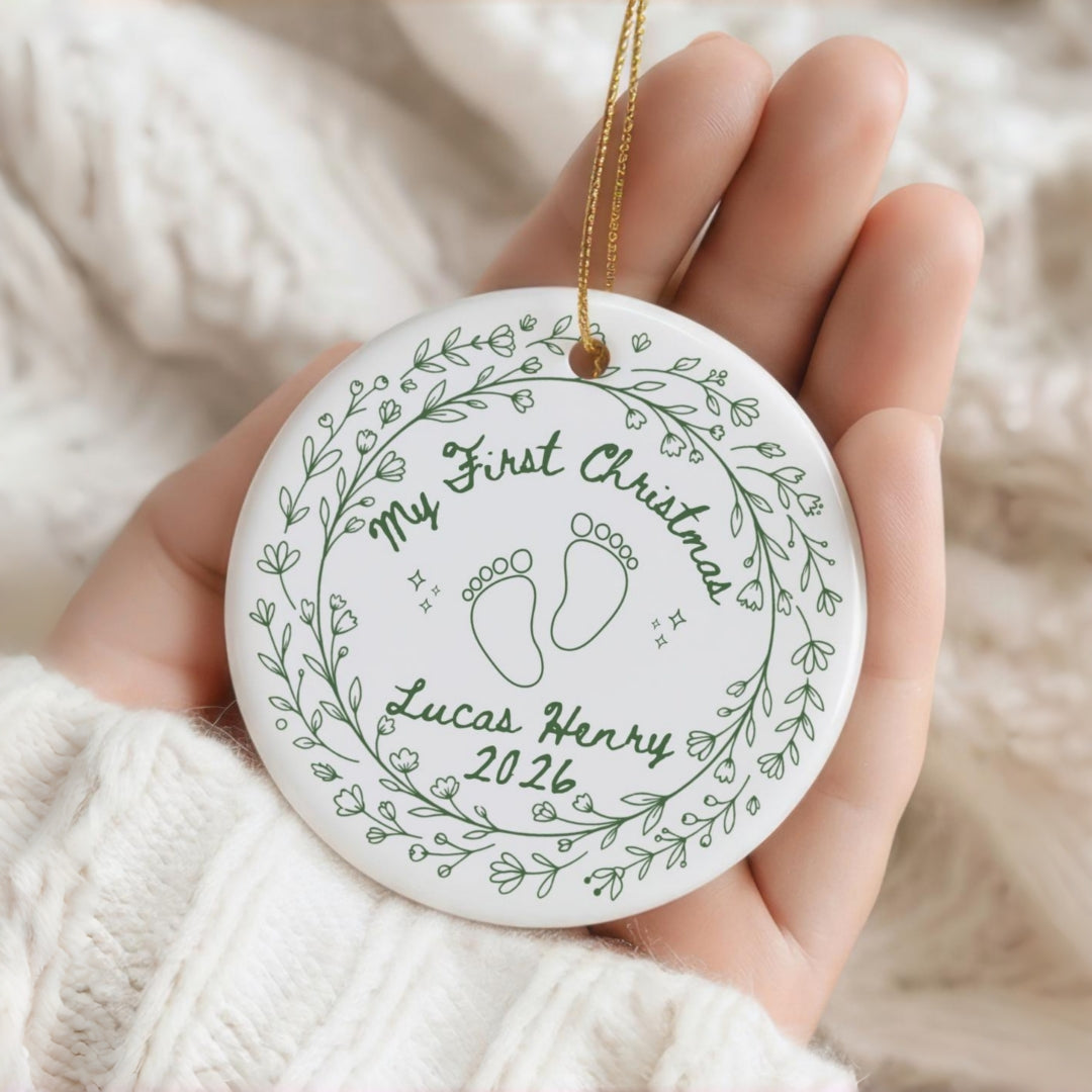 Personalized Ceramic Baby's First Christmas Ornament, Custom Name & Birth Stats