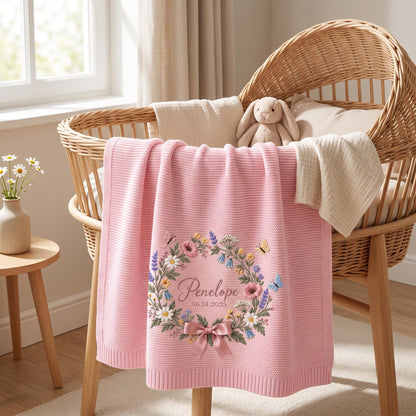 Personalized Floral Wreath Baby Knit Blanket with Name & Birth Date