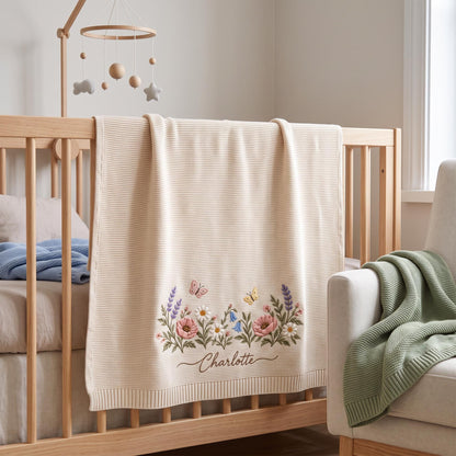 Personalized Wildflower Baby Blanket, Custom Name Floral Knit Blanket