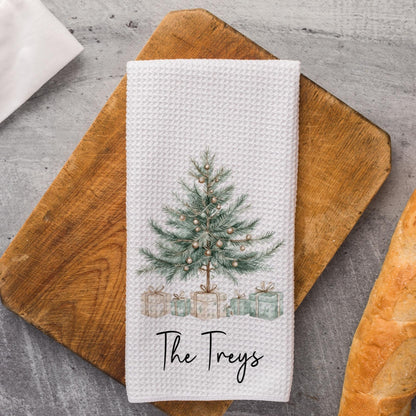 Personalized Christmas Tree Kitchen Towel, Custom Family Name Holiday Tea Towel