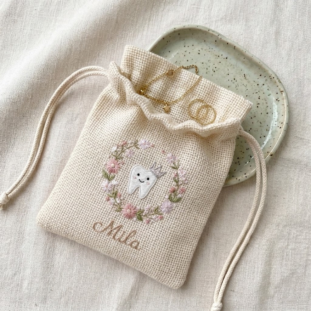 Personalized Tooth Fairy Bag, Embroidered Name & Star Glass Tooth Jar
