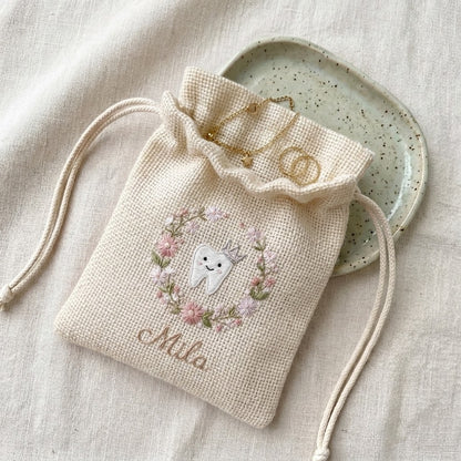 Personalized Tooth Fairy Bag, Embroidered Name & Star Glass Tooth Jar
