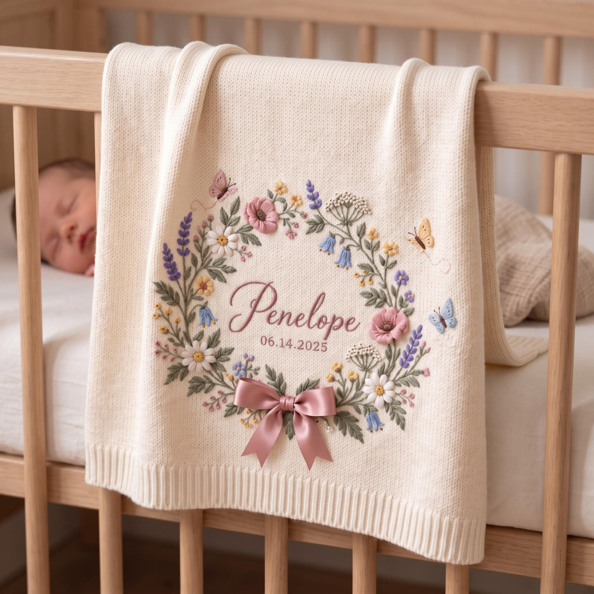 Personalized Floral Wreath Baby Knit Blanket with Name & Birth Date