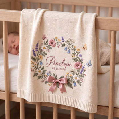 Personalized Floral Wreath Baby Knit Blanket with Name & Birth Date