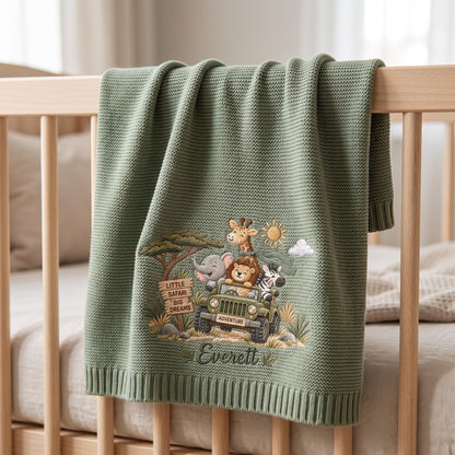 Personalized Safari Jeep Baby Knit Blanket with Embroidered Name