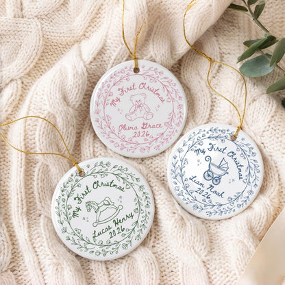 Personalized Ceramic Baby's First Christmas Ornament, Custom Name & Birth Stats