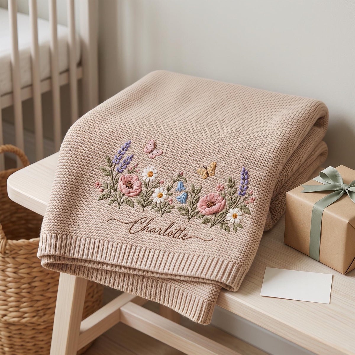 Personalized Wildflower Baby Blanket, Custom Name Floral Knit Blanket
