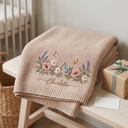 Personalized Wildflower Baby Blanket, Custom Name Floral Knit Blanket