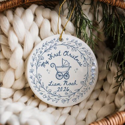 Personalized Ceramic Baby's First Christmas Ornament, Custom Name & Birth Stats