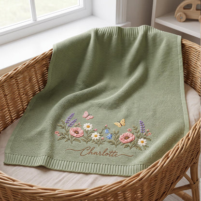Personalized Wildflower Baby Blanket, Custom Name Floral Knit Blanket