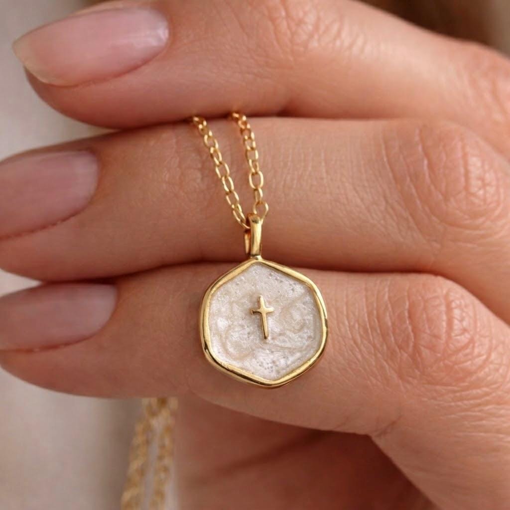Personalized Enamel Cross Necklace, Personalized Engraving Gold Faith Jewelry Gift