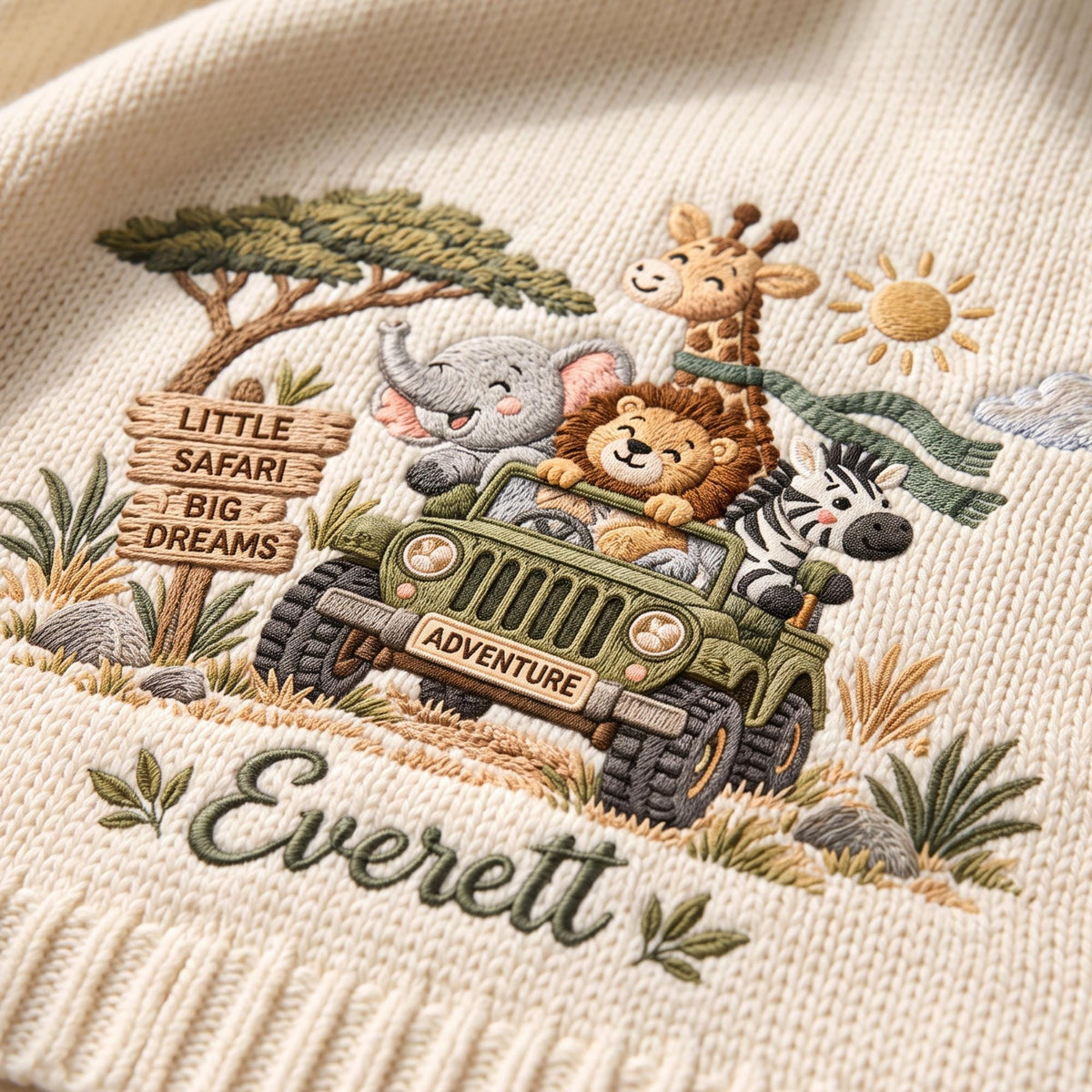 Personalized Safari Jeep Baby Knit Blanket with Embroidered Name