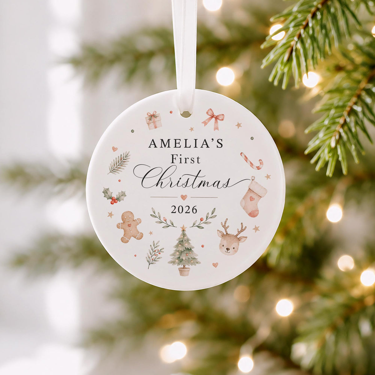 Personalized Baby's First Christmas Ceramic Ornament, Christmas Icon Custom Name & Year