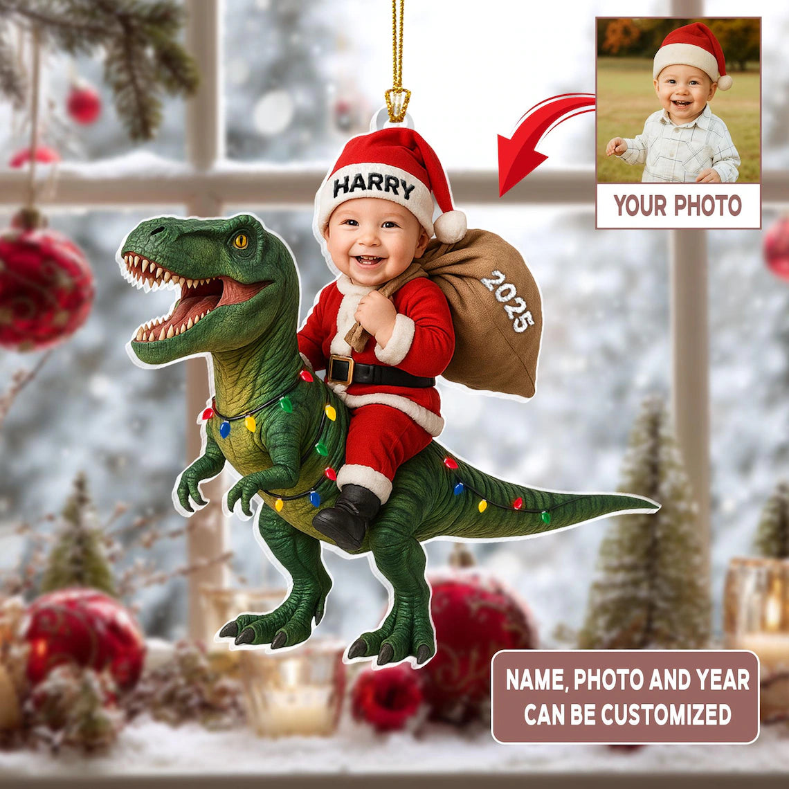 Personalized  Acrylic Dinosaur Christmas Ornament – Kids Photo Keepsake 2025