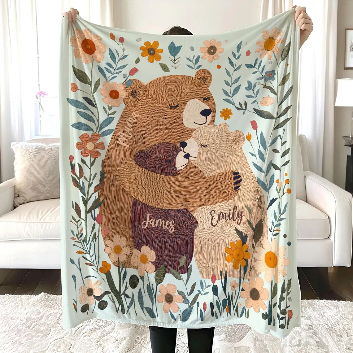 Personalized Mama Bear Flower Blanket – Custom Gift for Mom & Grandma