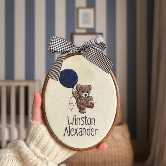 Oval Baby Name Embroidered Sign – Personalized Teddy & Balloon Décor