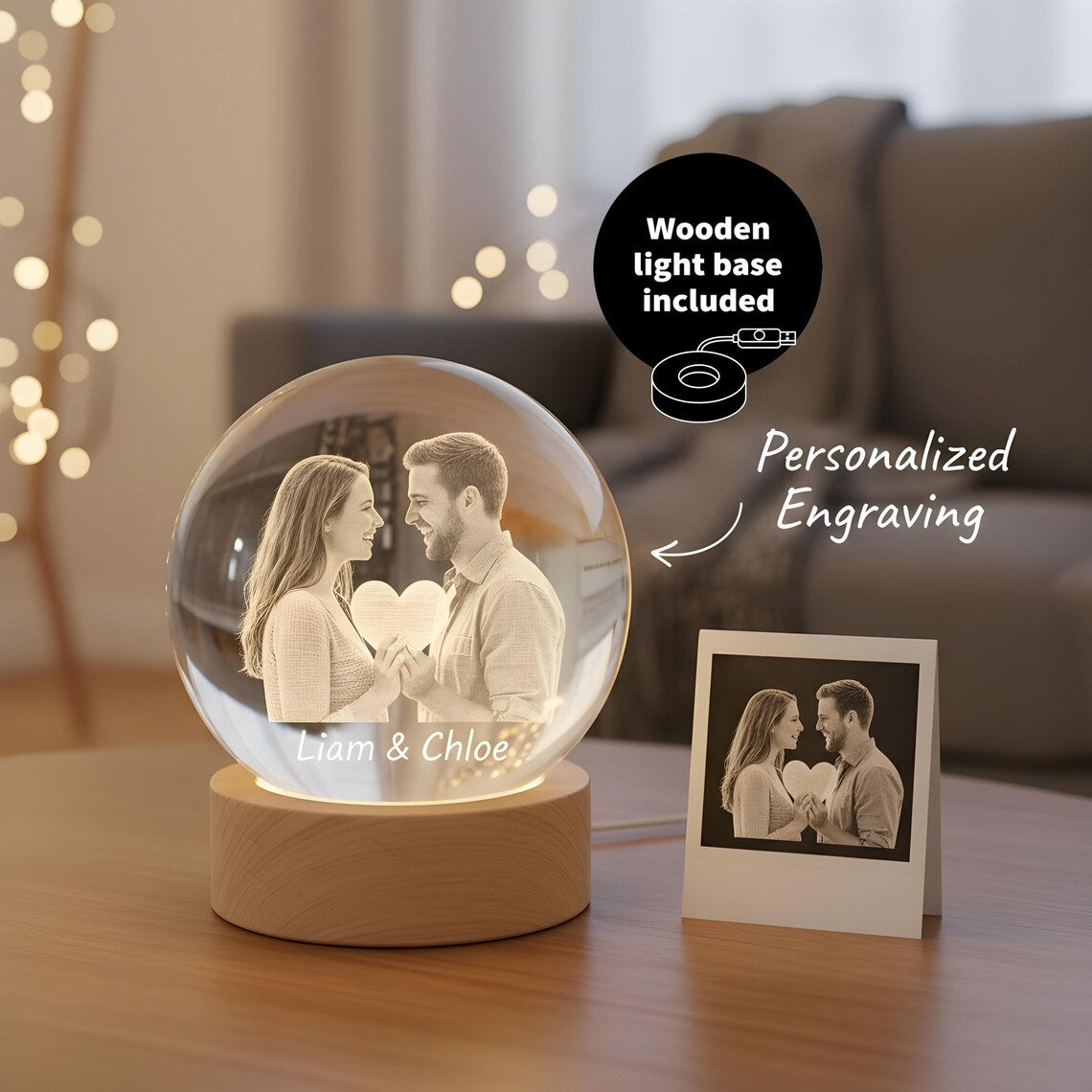 Personalized 2D Photo Crystal Ball Night Light – Engraved LED Lamp
