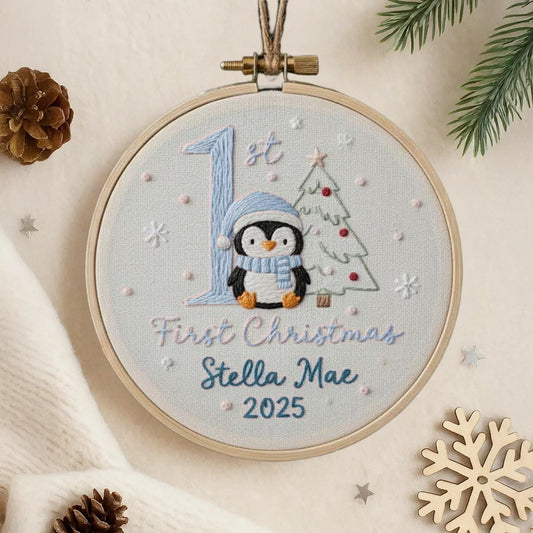 Baby’s First Christmas Embroidered Ornament – Penguin, Elephant & More
