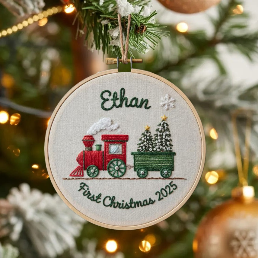 Personalized Baby’s First Christmas Train Embroidered Ornament | Custom Name