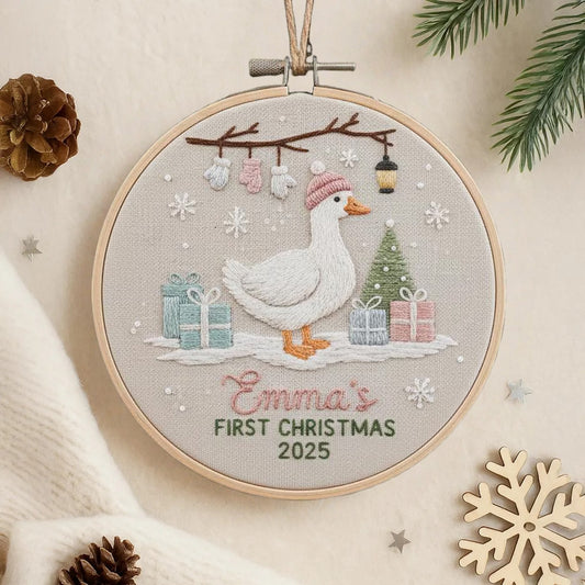 Goose Baby’s First Christmas Ornament – Hand Embroidered Personalized Gift