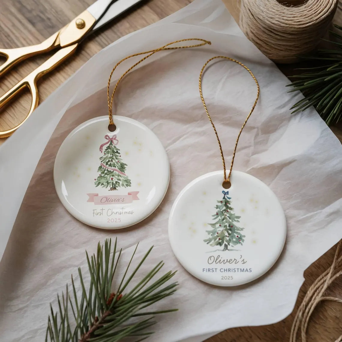 Baby’s First Christmas Ornament 2025 | Pink or Blue Bow Ceramic Keepsake