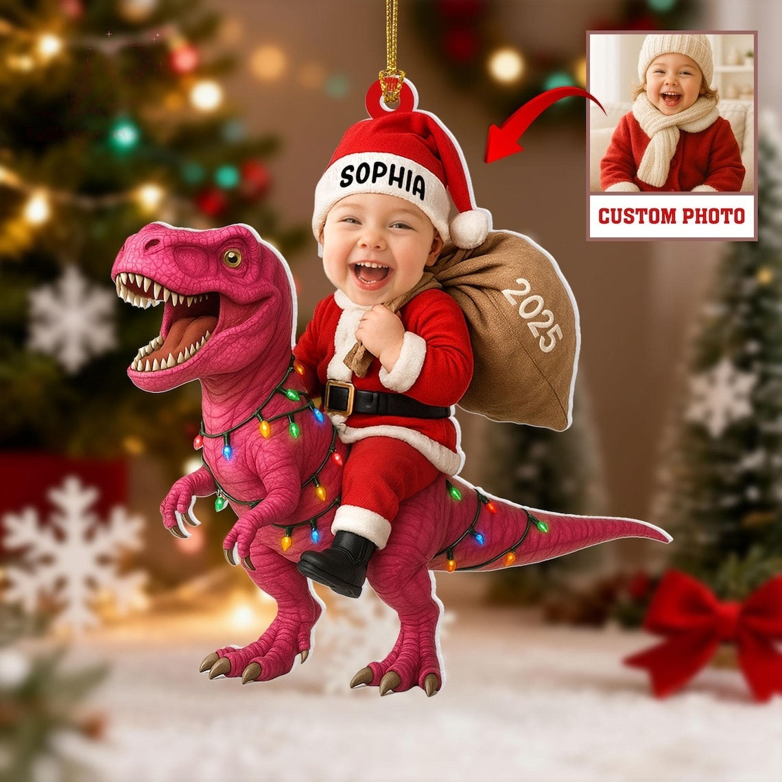 Personalized  Acrylic Dinosaur Christmas Ornament – Kids Photo Keepsake 2025