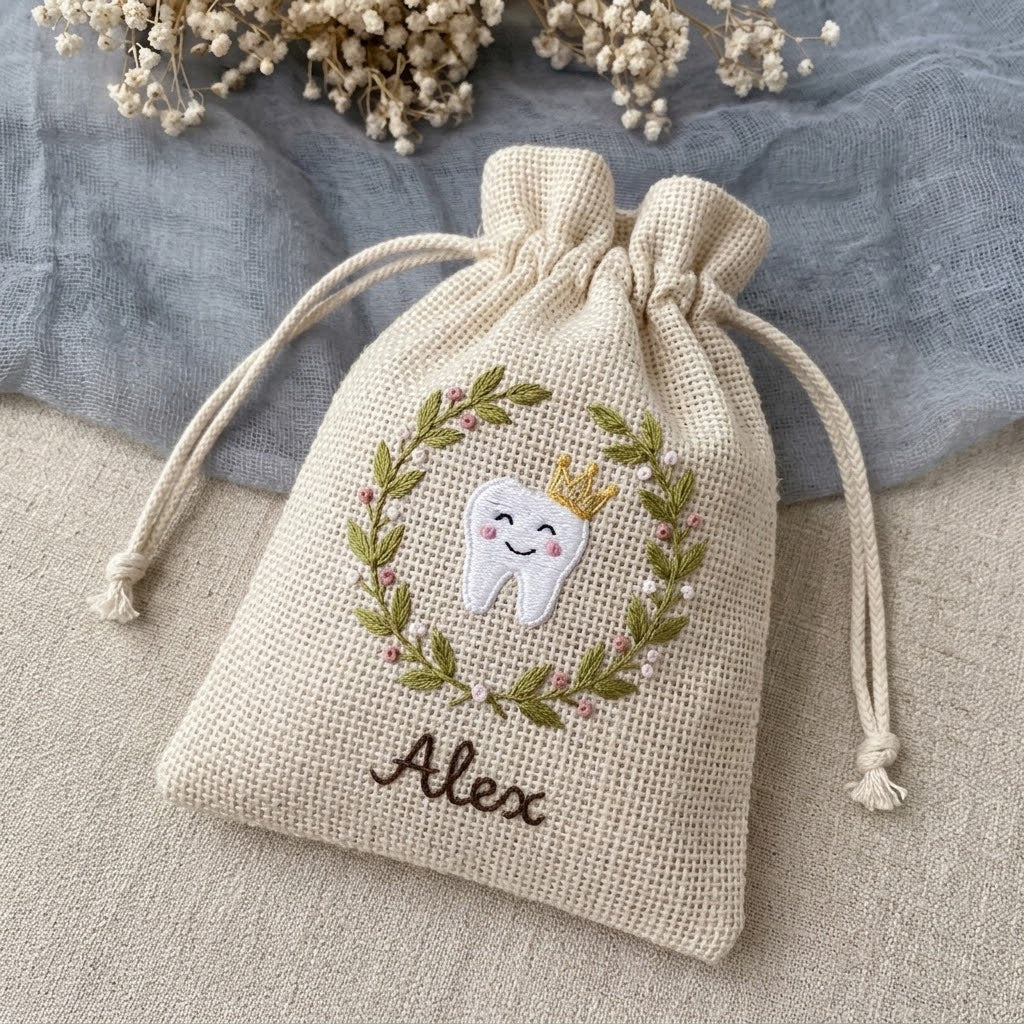 Personalized Tooth Fairy Bag, Embroidered Name & Star Glass Tooth Jar