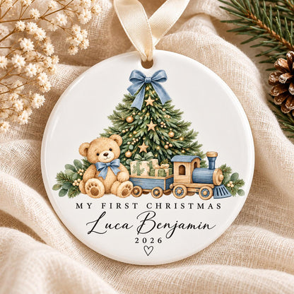Personalized Baby’s First Christmas Ornament – Teddy Bear Train