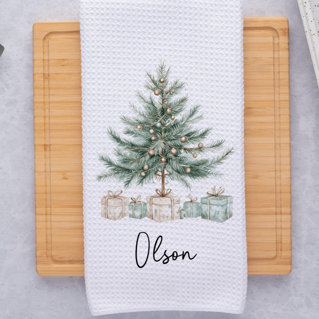 Personalized Christmas Tree Kitchen Towel, Custom Family Name Holiday Tea Towel